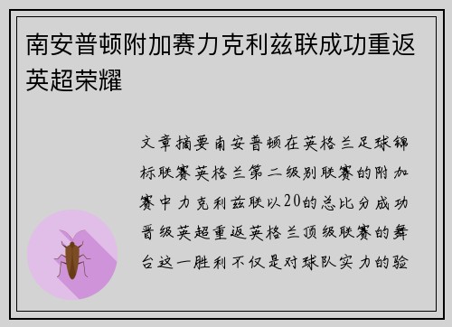 南安普顿附加赛力克利兹联成功重返英超荣耀